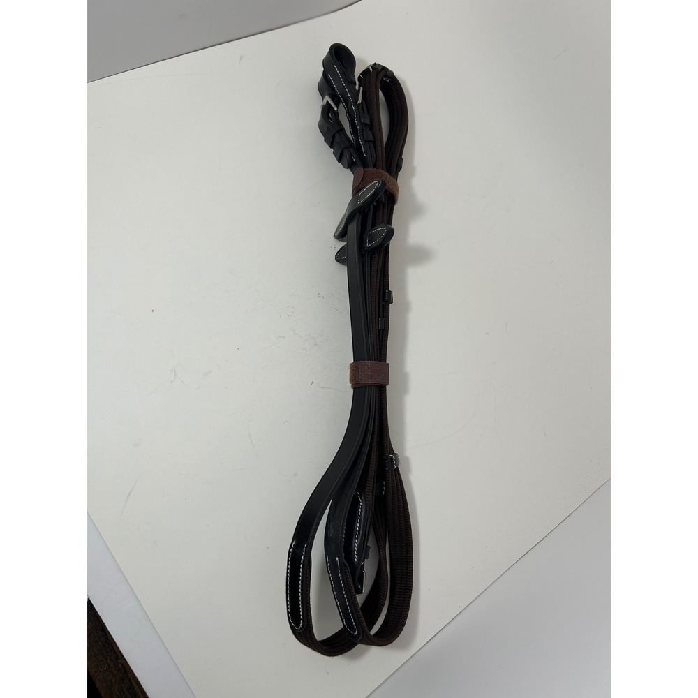 Black Leather and Brown Webbed Horse Riding Reins with Martingale Stops English
